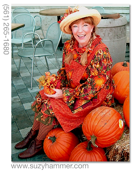 Suzy Hammer portrays Pumpkin Patty, a cheerleader for locally grown, organic foods - like pumpkins.