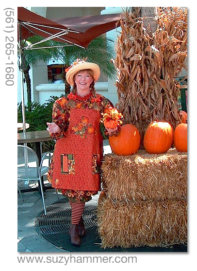 Suzy Hammer portrays Pumpkin Patty, a cheerleader for locally grown, organic foods - like pumpkins.